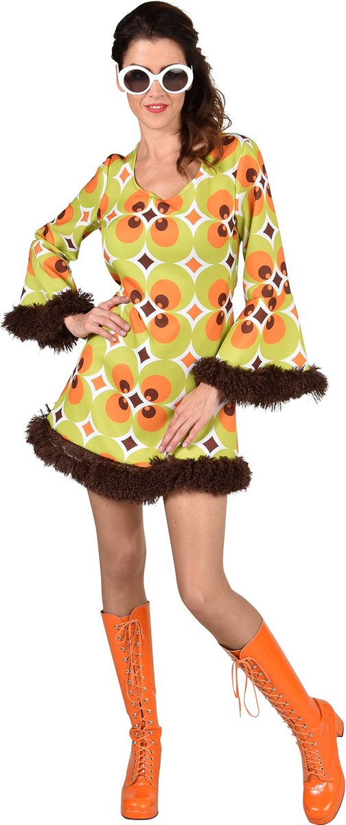 Hippie Kostuum | Speelse Hippie Jurk Groene Bloemen Vrouw | Extra Small | Carnaval kostuum | Verkleedkleding